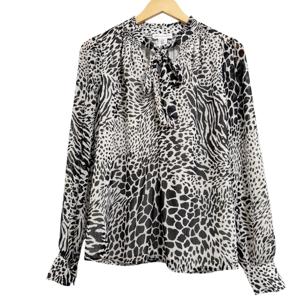 Cupcakes & Cashmere Animal Print Metallic Tie Neck Blouse NWT Medium